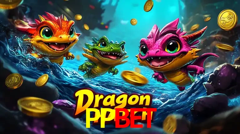 Arte promocional do jogo Dragon Hatch com três adoráveis dragões bebês nadando entre moedas de ouro, um dos slots mais divertidos para jogar no cassino PPBET.