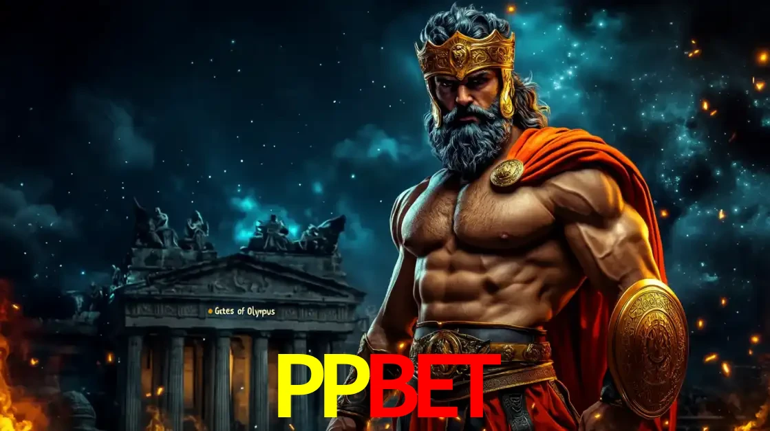 O poderoso Zeus do jogo de slot Gates of Olympus em frente ao seu templo, pronto para lançar multiplicadores divinos e prêmios épicos no cassino online PPBET.