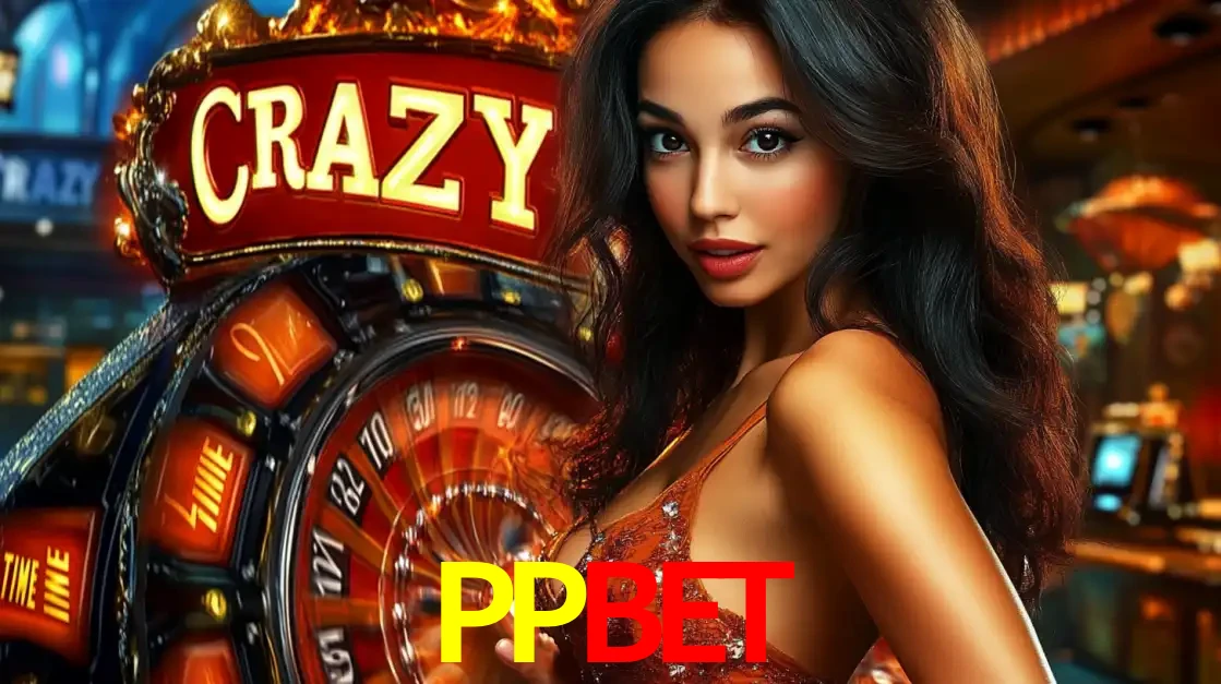 Mulher glamourosa olhando para a câmera com a roda vermelha do Crazy Time ao fundo em um ambiente de cassino, destacando a emoção dos jogos ao vivo no PPBET.