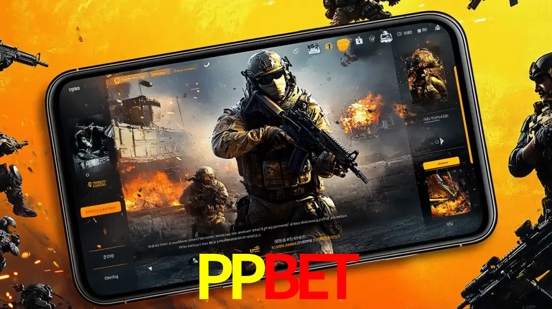 Um smartphone exibindo a interface de um jogo de tiro em primeira pessoa, com um soldado em um cenário de batalha, representando a ação dos e-sports para apostar no PPBET.