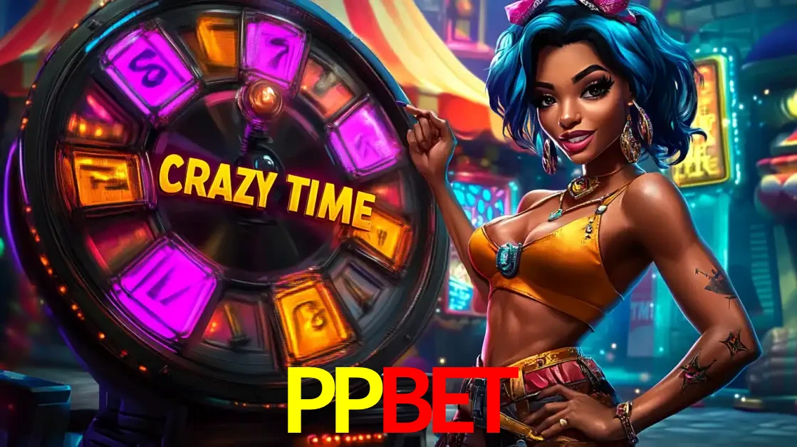 Mulher estilizada com cabelo azul e visual vibrante posando ao lado da roda de prêmios do game show Crazy Time, convidando para a diversão e os bônus do cassino PPBET.