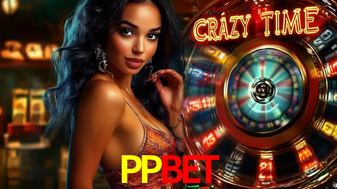 Mulher elegante ao lado da vibrante roda da fortuna do jogo de cassino ao vivo Crazy Time, um dos game shows mais populares e cheios de prêmios do PPBET.