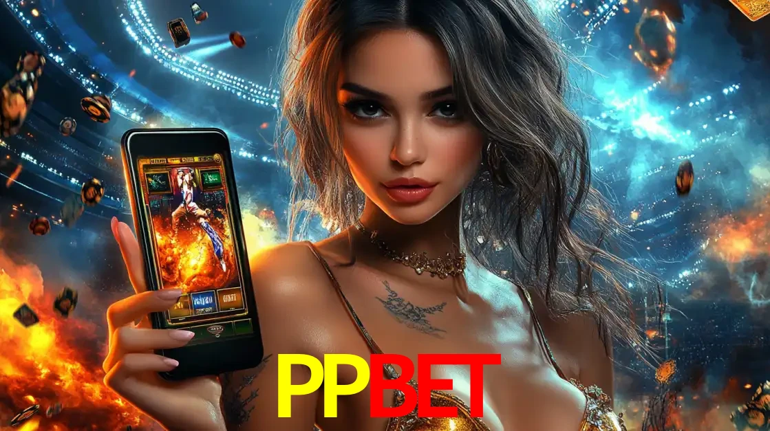 Mulher segurando um celular com um jogo de slot em destaque, tendo como fundo um estádio vibrante, simbolizando a emoção de jogar no cassino móvel PPBET.